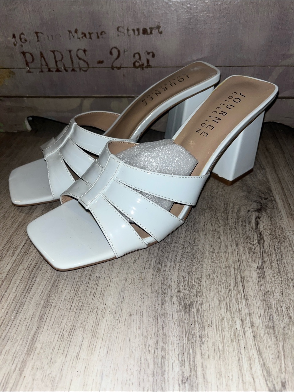 Journee Collection White Patent Strap Square Toe Block Heel Mules